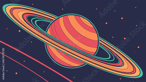 Colorful Planet with Rings in Space.