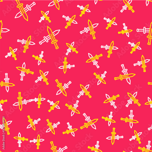 Line Crossed medieval sword icon isolated seamless pattern on red background. Medieval weapon. Vector