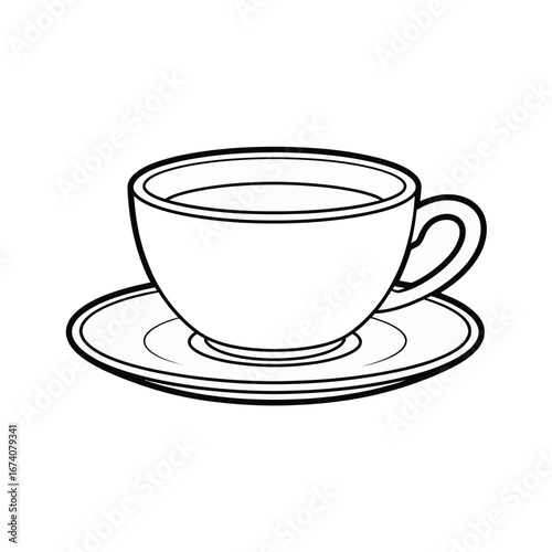 Simple clean black and white illustration of a coffee cup and saucer vector graphic white background