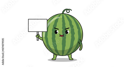 Angry watermelon character holding a blank sign showing its displeasure and ready for a protest