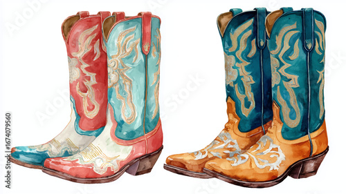 Vector illustration, watercolor clipart of two pair of vintage cowboy boots, on white background