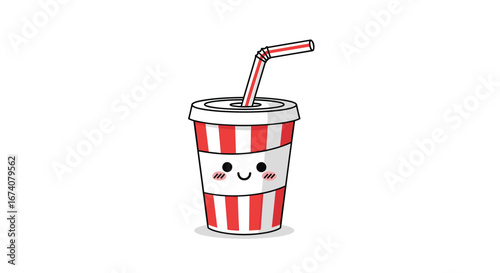 Adorable kawaii red and white striped soda cup with a happy face and straw design vector art illustration