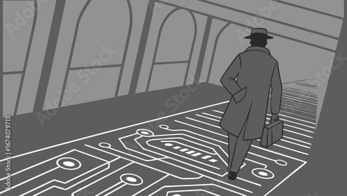 Man walking away down a circuit board path in a futuristic hallway illustration vector graphic design.