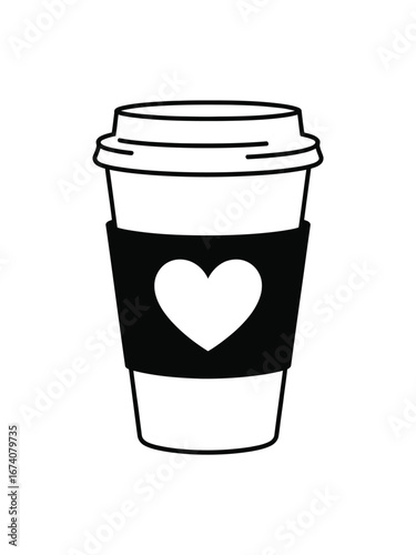 Simple line drawing of a disposable coffee cup with heart sleeve vector illustration for eps white background