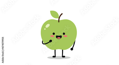 Happy green apple character waving and smiling with cute cartoon face and stick legs giving a friendly greeting