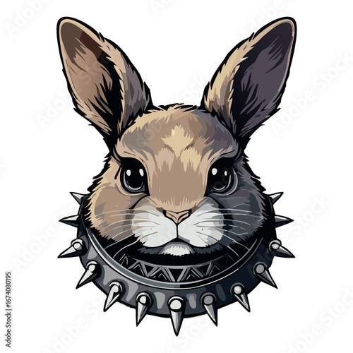 A sad bunny wearing a spiked collar in the style of punk