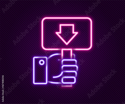 Glowing neon line Hand holding auction paddle icon isolated on black background. Bidding concept. Auction competition. Hands rising signs with BID inscriptions. Colorful outline concept. Vector