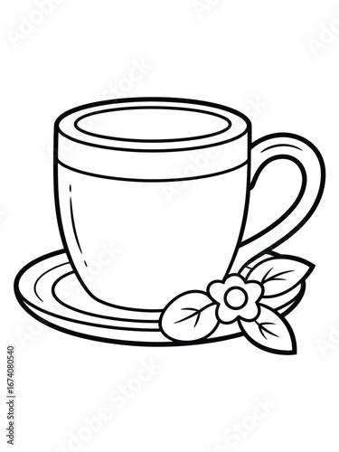 Scalable vector illustration of a cup and saucer with flower and leaves icon white background
