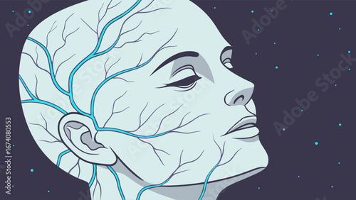 A stylized illustration of a persons head and neck showcasing intricate vascular system details.