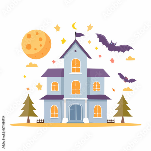 Haunted house illustration, Halloween night scene with bats and moon.