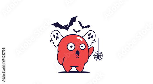 A cute red ghost character with bats and spiders for halloween fun