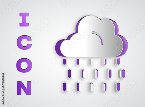 Paper cut Cloud with rain icon isolated on grey background. Rain cloud precipitation with rain drops. Paper art style. Vector