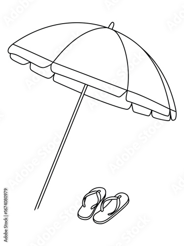 Beach umbrella and flip flop line drawing vector illustration scalable eps file summer vacation white background