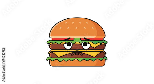 Cute cartoon burger character with sad eyes feeling down hungry stomach grumbling food illustration