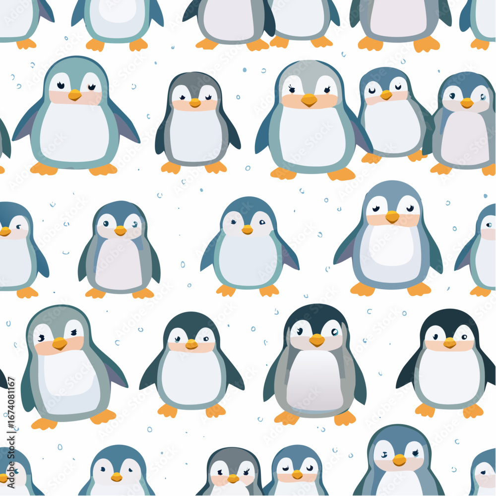 Fototapeta premium A seamless repeating pattern of adorable cartoon penguins with different poses and expressions on a snowy white background.