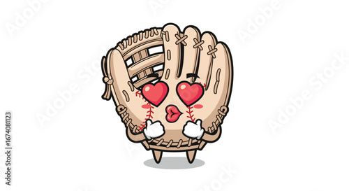 Cute baseball glove character with hearts and kissing expression vector illustration