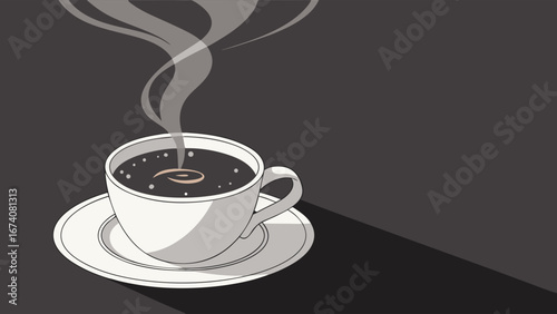 A steaming cup of coffee on a saucer.