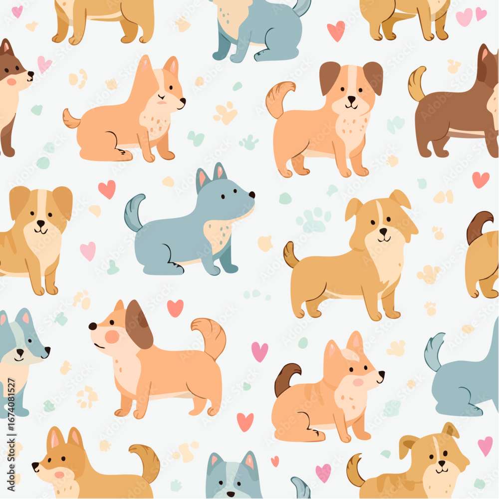 Obraz premium A charming and colorful seamless pattern featuring a variety of adorable cartoon dogs in playful poses, interspersed with small hearts and paw prints on a light background.