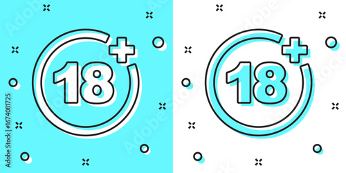 Black line Plus 18 movie icon isolated on green and white background. Adult content. Under 18 years sign. Random dynamic shapes. Vector