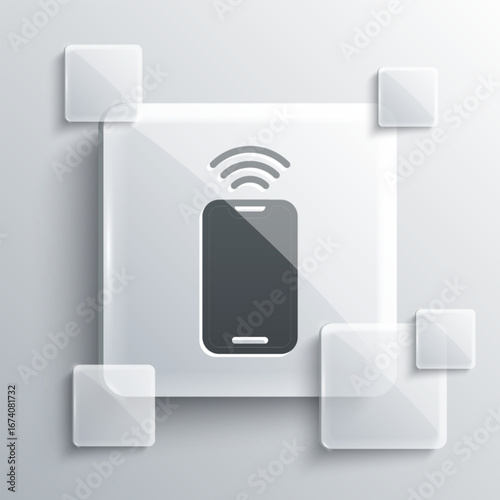 Grey Smartphone with free wi-fi wireless connection icon isolated on grey background. Wireless technology, wi-fi connection, wireless network. Square glass panels. Vector