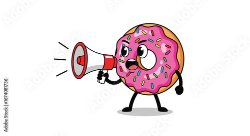Animated donut character shouting through a megaphone with aggressive expression and pink sprinkles on a white background