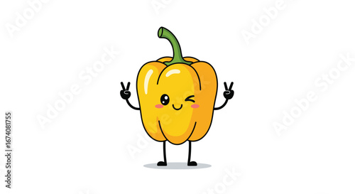 Cute kawaii yellow bell pepper winking and making peace signs fun vegetable character illustration