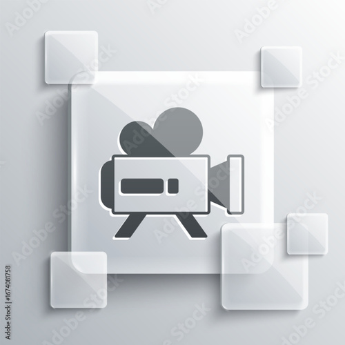 Grey Retro cinema camera icon isolated on grey background. Video camera. Movie sign. Film projector. Square glass panels. Vector