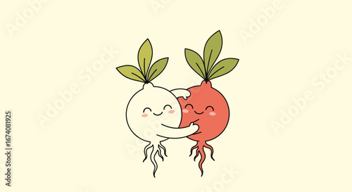 Adorably cute cartoon radishes hugging each other joyfully and happily in a garden scene