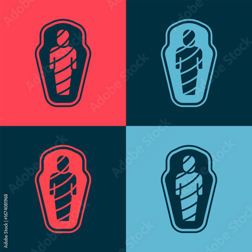 Pop art Egypt mummy in sarcophagus icon isolated on color background. Vector