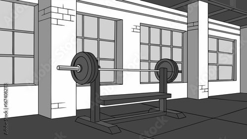 Gym Illustration with Barbell and Bench.