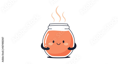 Adorable cute kawaii jam jar character holding its arms out with steaming top sweet food illustration