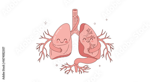 Adorably happy human lungs and bronchial tree illustrating healthy respiratory system function