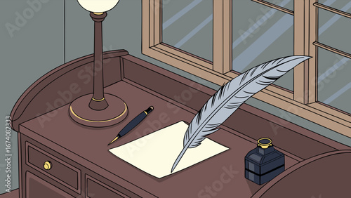 Writing Desk with Feather Pen and Inkwell.