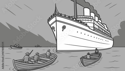 many small boats are approaching a big beautiful sea ship to steal