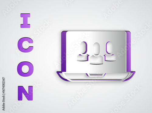Paper cut Video chat conference icon isolated on grey background. Online meeting work form home. Remote project management. Paper art style. Vector