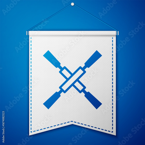 Blue Oars or paddles boat icon isolated on blue background. White pennant template. Vector