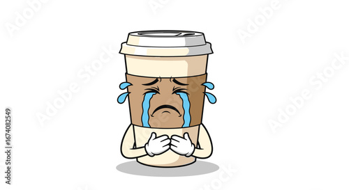 An animated coffee cup with eyes shedding tears depicts sadness and heartbreak