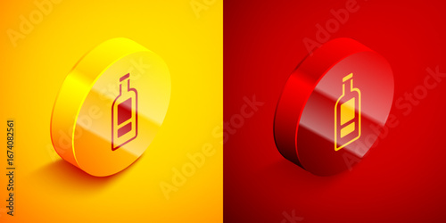 Isometric Glass bottle of vodka icon isolated on orange and red background. Circle button. Vector