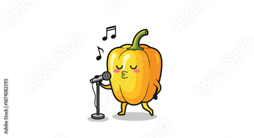 Humorous yellow bell pepper character performing music with a microphone and musical notes