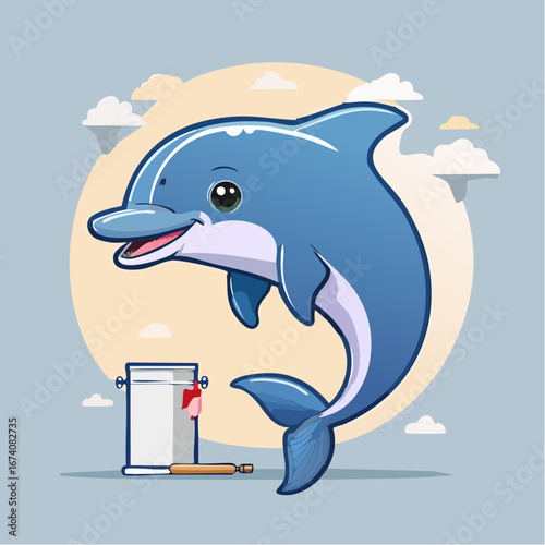 A cute cartoon dolphin happily jumping next to a paint can and paintbrush.