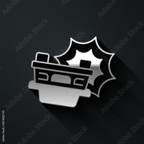 Silver Car accident icon isolated on black background. Insurance concept. Security, safety, protection, protect concept. Long shadow style. Vector