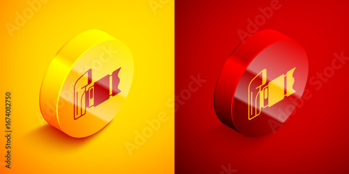 Isometric Photo camera icon isolated on orange and red background. Foto camera. Digital photography. Circle button. Vector