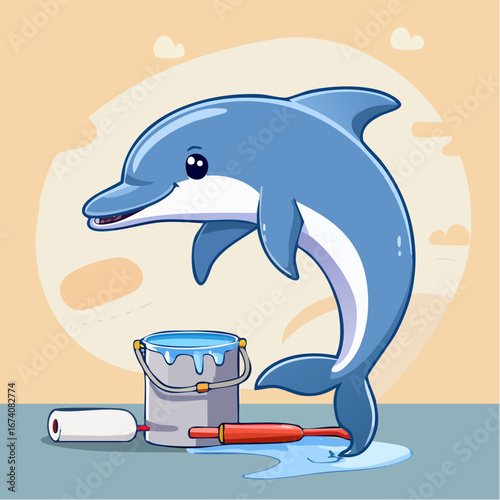 A cheerful blue cartoon dolphin posing next to a spilling can of blue paint and a roller.