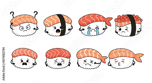Collection of adorable sushi characters expressing a range of emotions for your creative projects