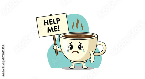 A sad coffee cup asking for assistance with a help me sign
