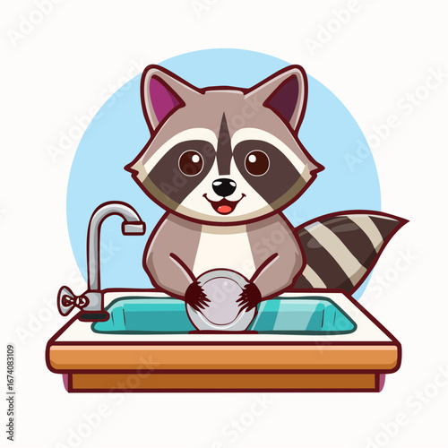 A cute cartoon raccoon diligently washing a plate in a kitchen sink with a faucet and blue water.