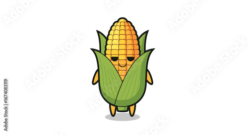 Adorable cartoon corn cob character with cute eyes and small arms and legs standing still