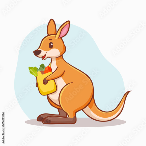 A cheerful cartoon kangaroo stands upright, holding a yellow shopping bag filled with fresh produce like lettuce and tomatoes, against a soft blue background.