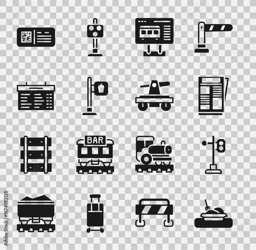 Set Plate with food, Train traffic light, News, Ticket office to buy tickets, Cafe and restaurant location, station board, QR code train and Draisine or handcar icon. Vector