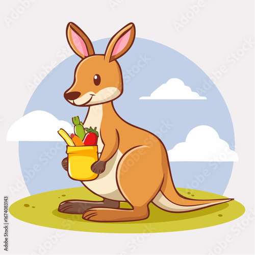 A cheerful cartoon kangaroo stands on grassy ground, holding a yellow bucket filled with fresh produce like carrots, peppers, and tomatoes, under a cloudy sky.